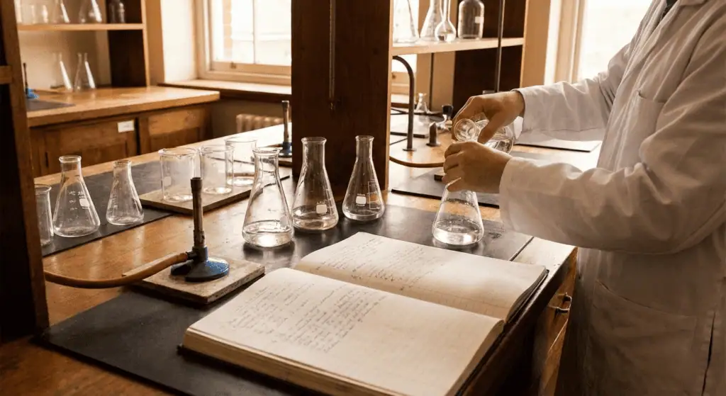 This image depicts a classic laboratory setting. The scientist relies on manual techniques, glass beakers for reactions, and a paper notebook for recording data. The process is hands-on and analog, with no digital tools in sight.