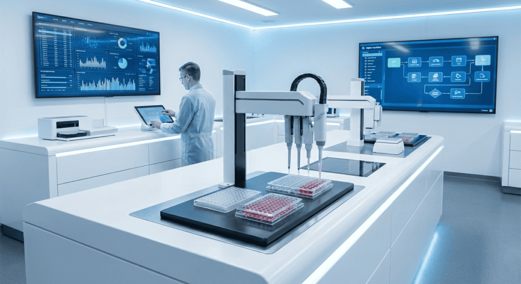 This final image represents a fully digital and automated laboratory. The traditional benches and glassware are replaced by sleek workstations and robotic liquid-handling systems. Large screens display complex data visualizations and workflows, highlighting a paperless, high-throughput, and data-driven environment.