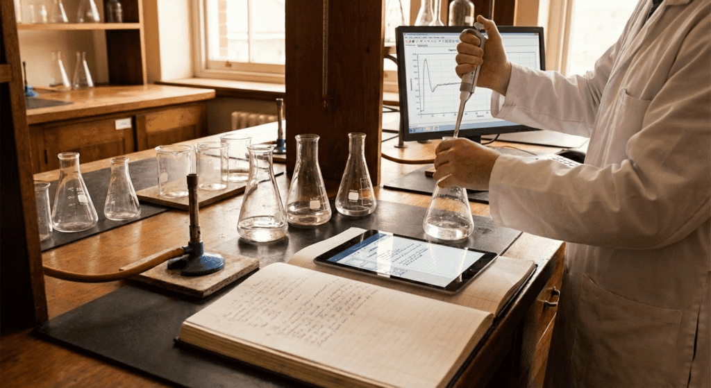 In this transitional phase, digital tools are integrated into the traditional workspace. A computer monitor displays real-time data from an experiment, and a tablet is used for digital note-taking alongside the paper notebook. This image illustrates the first steps towards a digital workflow, where old and new methods coexist.