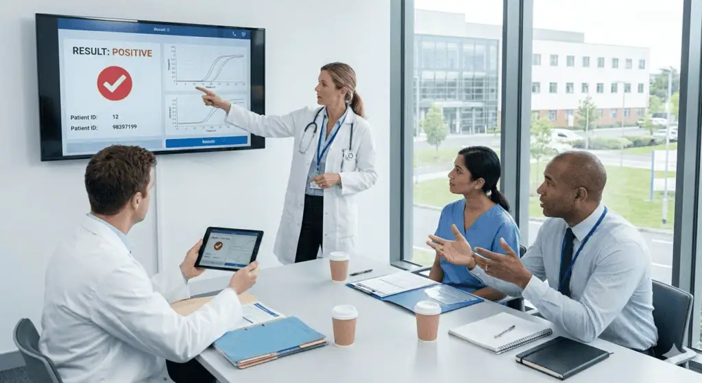 Multidisciplinary healthcare team discussing lab results.