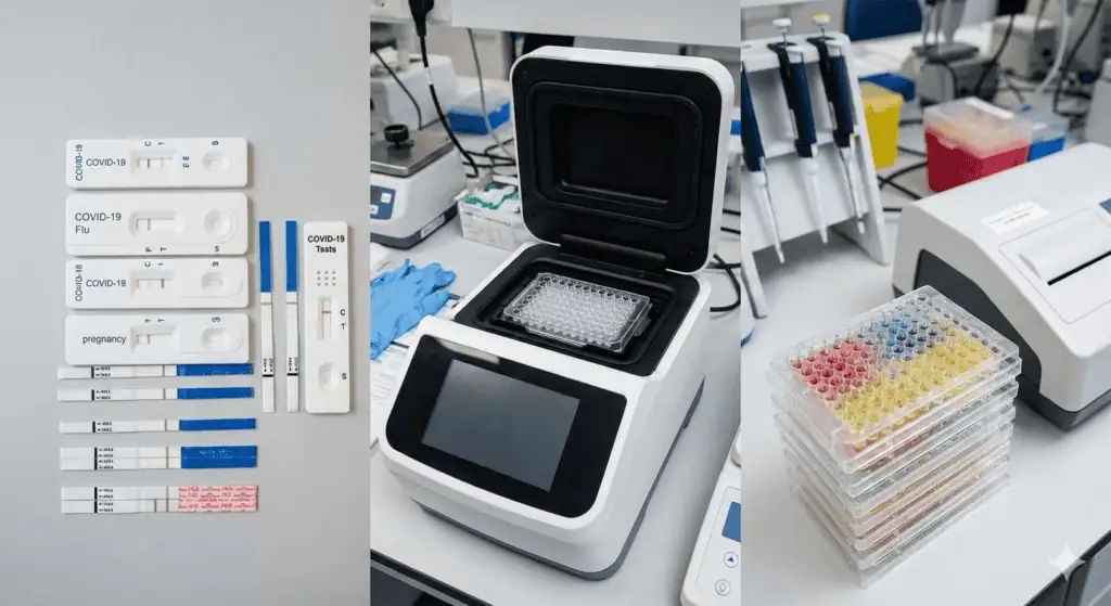 Multiple diagnostic tools displayed together- lateral flow test strips, PCR machine, ELISA plates.