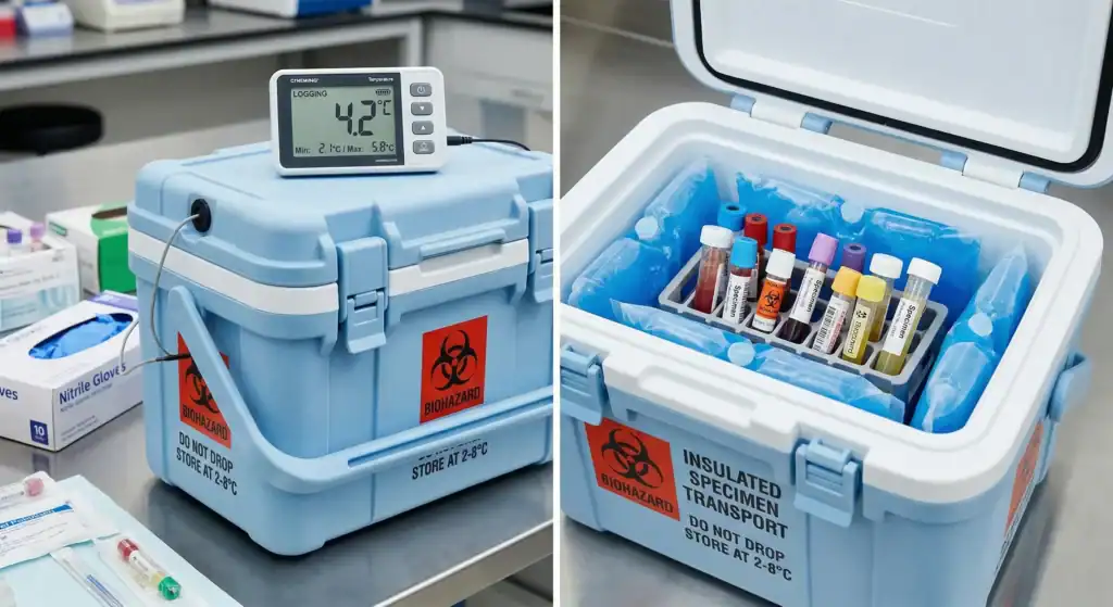 Insulated cooler with ice packs and temperature monitoring device for specimen transport.