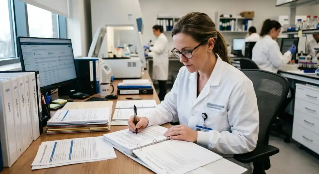 Professional laboratory consultant comparing two quality management frameworks on dual computer screens. Technical laboratory standards analysis, healthcare compliance review, accreditation decision-making process, modern office environment, realistic photography style, highly detailed, no text, no watermark.
