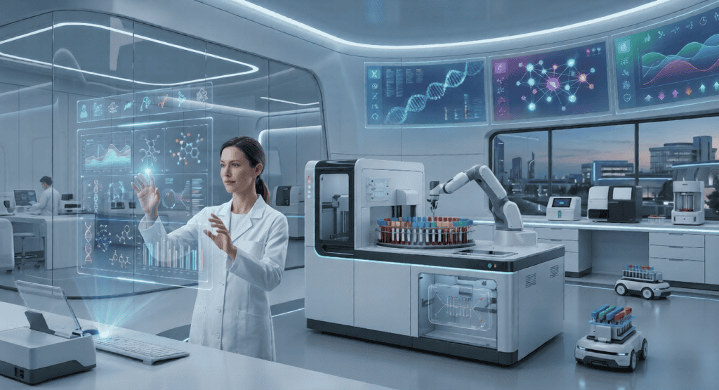 Photorealistic modern clinical chemistry laboratory, medical laboratory scientist analyzing blood samples using advanced automated chemistry analyzer, multiple laboratory monitors displaying glucose levels, cardiac biomarkers, liver enzymes, kidney function results and diagnostic charts, clean high-tech healthcare laboratory environment, professional medical diagnostics, shallow depth of field, ultra realistic, high detail, no text, 16:9 composition